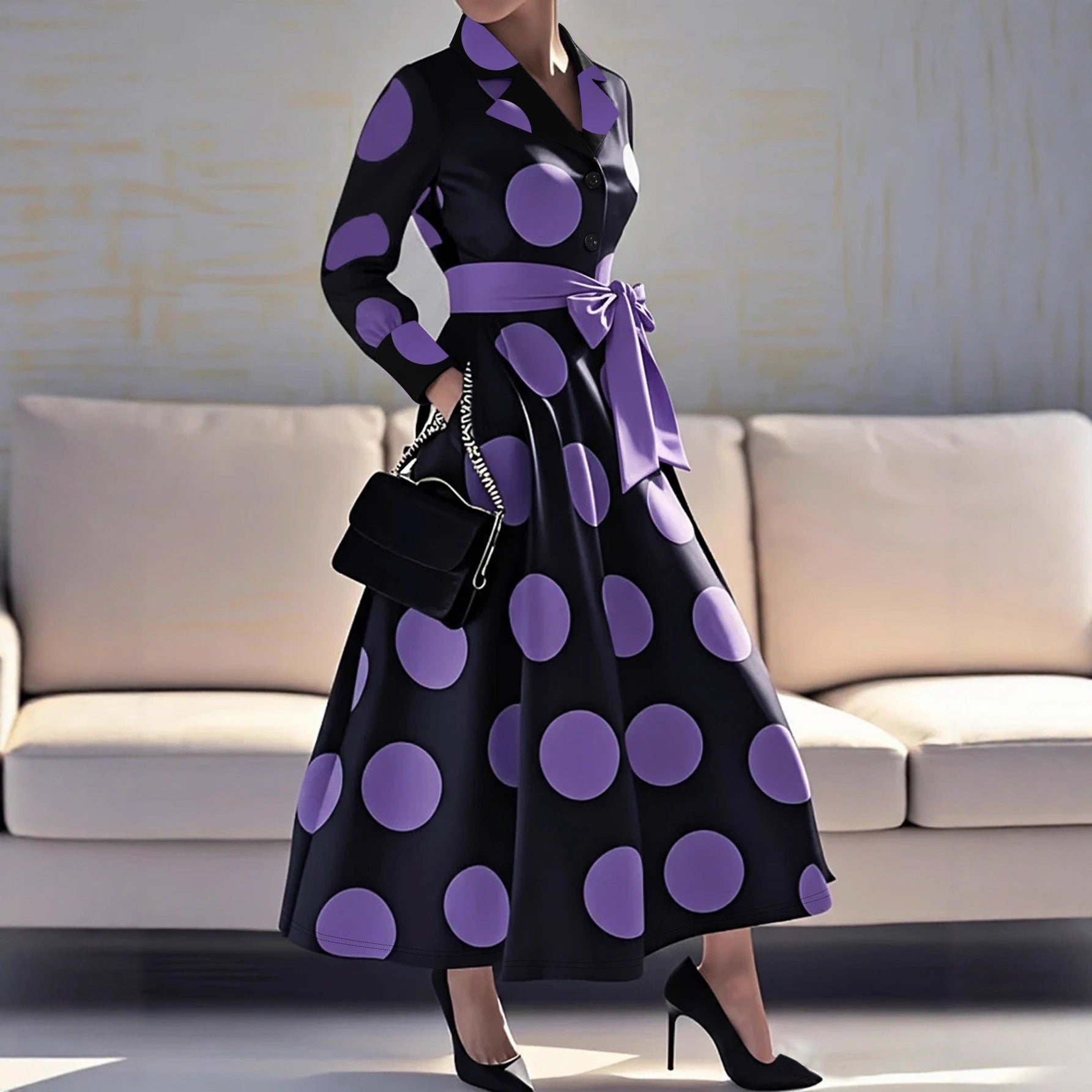 Women Clothing V neck Elegant Printed Waist Dignified Dress