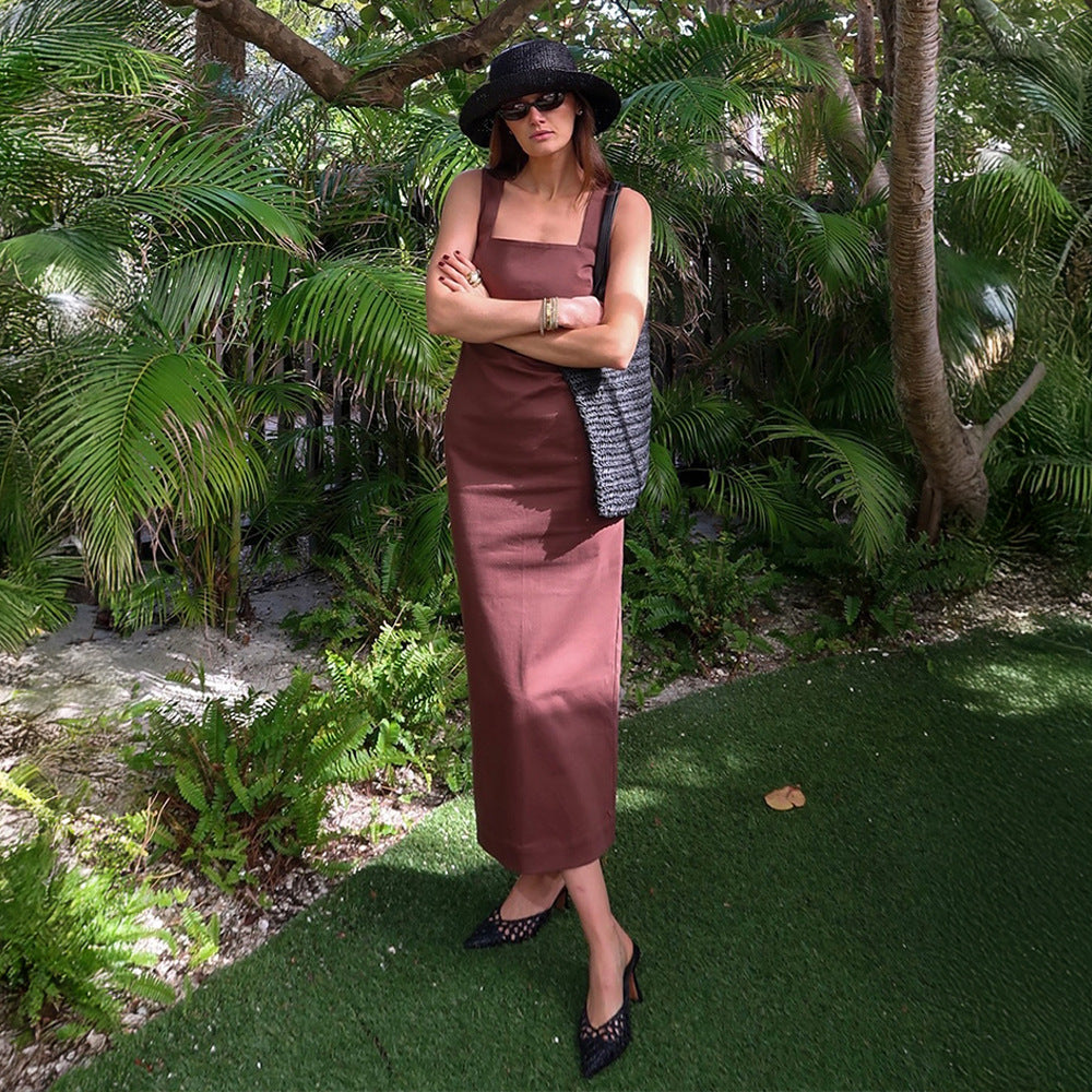 Simple Solid Color Square Collar Sling Dress Summer Slim Cotton Linen Maxi Dress