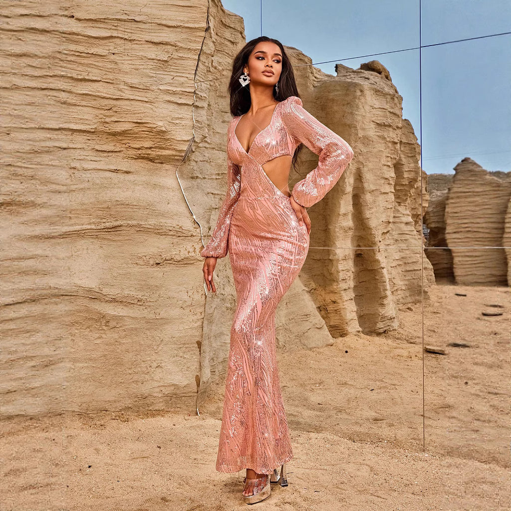 Robe de soirée femme manches longues, col V, dos nu sexy, robe longue à sequins