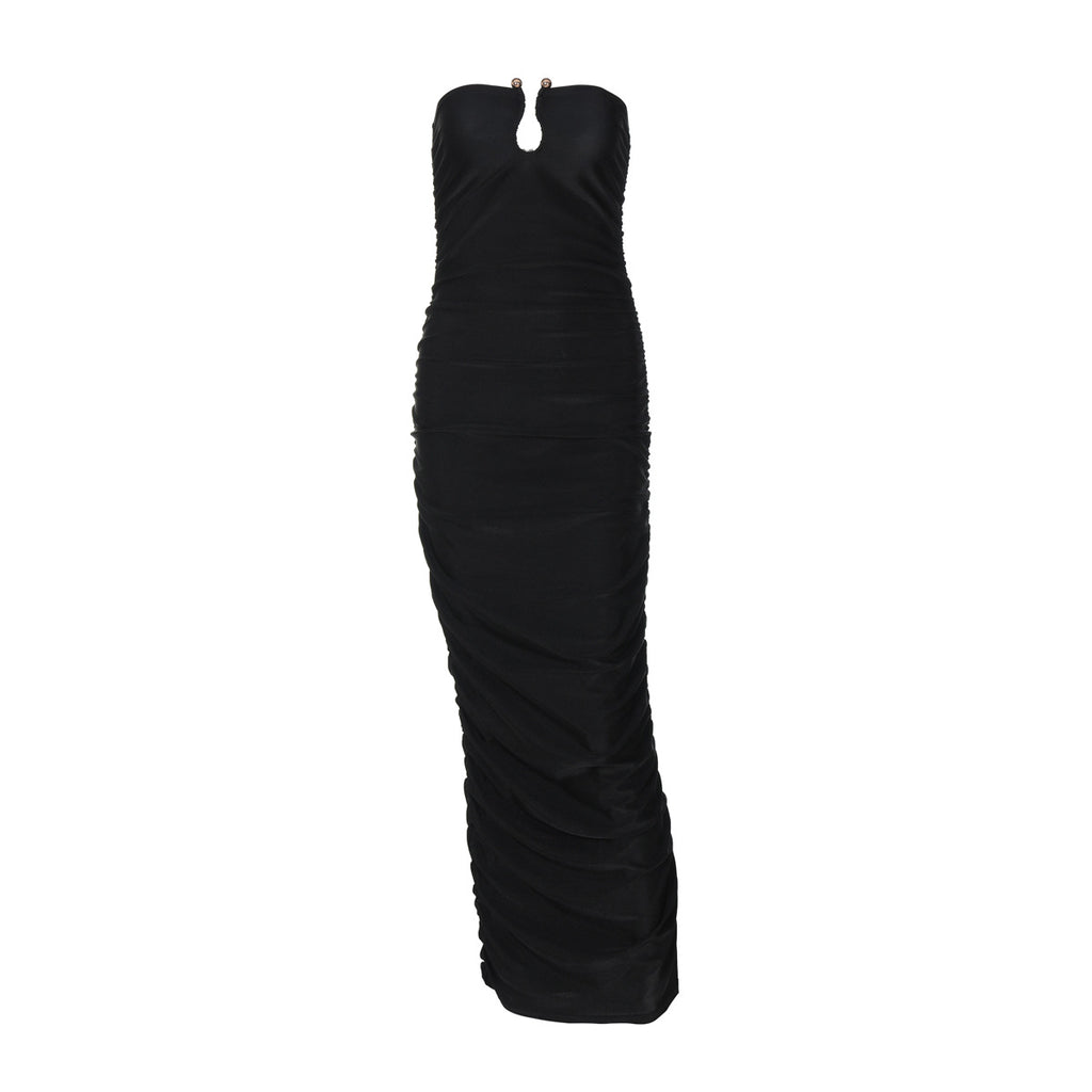 Women Clothing Autumn Winter Sexy V neck Back Slim Pleated Solid Color Dress