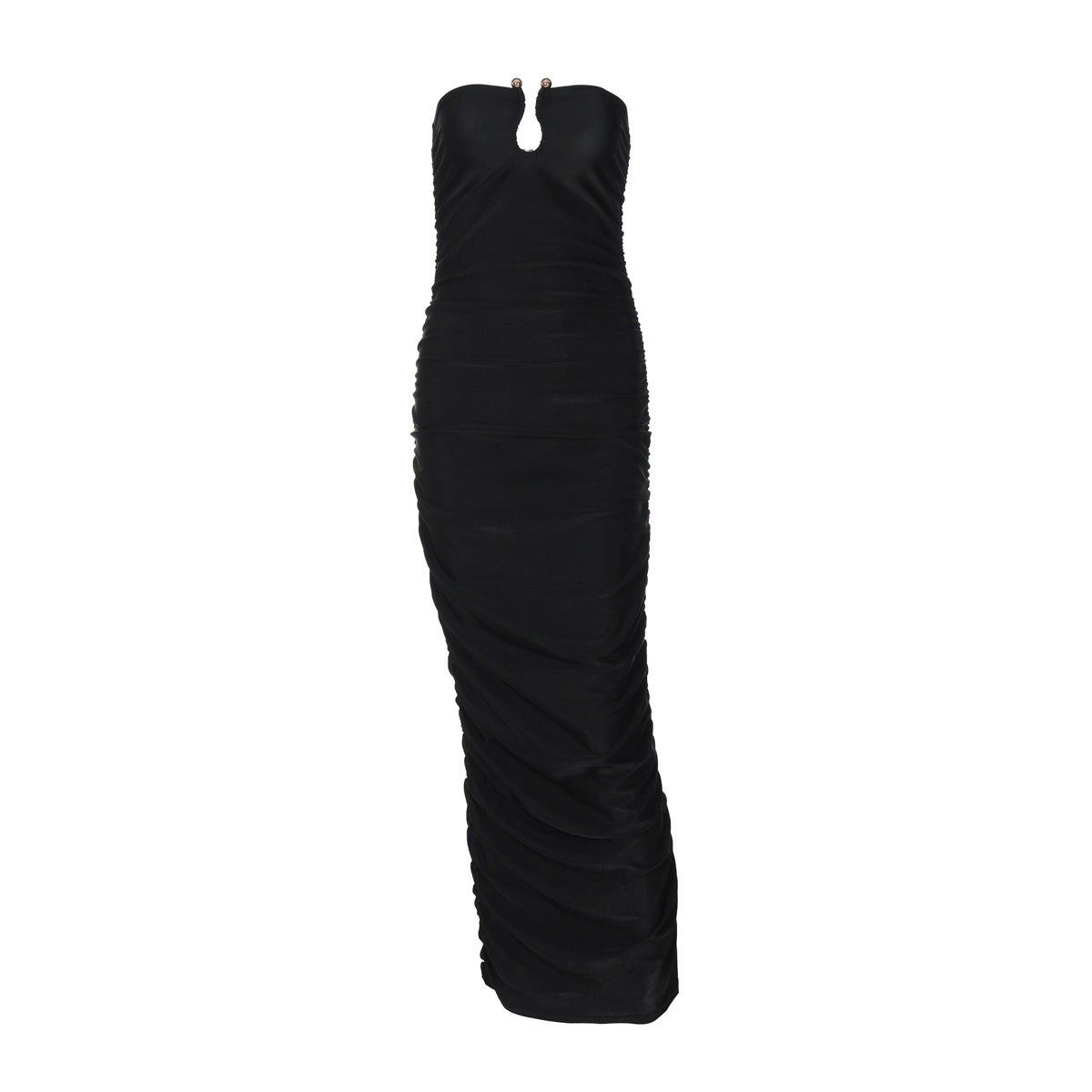 Women Clothing Autumn Winter Sexy V neck Back Slim Pleated Solid Color Dress