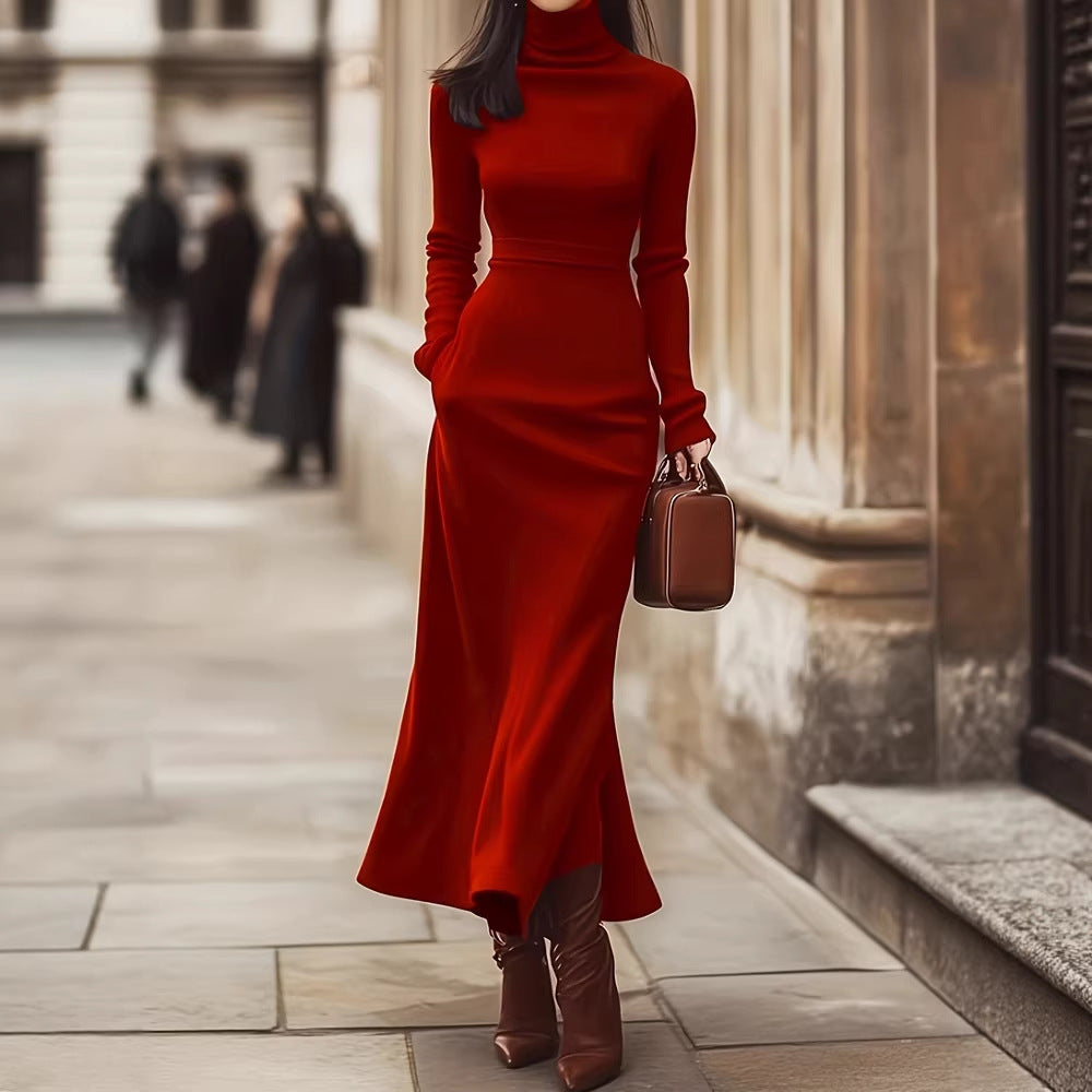 Spring Autumn Women Clothing High Collar Slim Fit Long Sleeves Knitted Dress