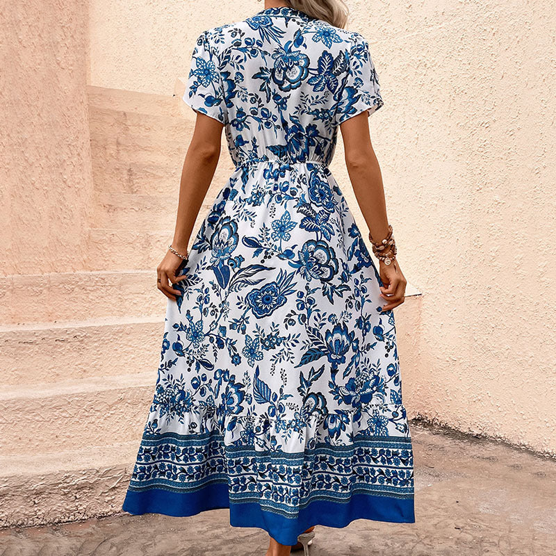 Robe d'été imprimée bleue amincissante pour femme