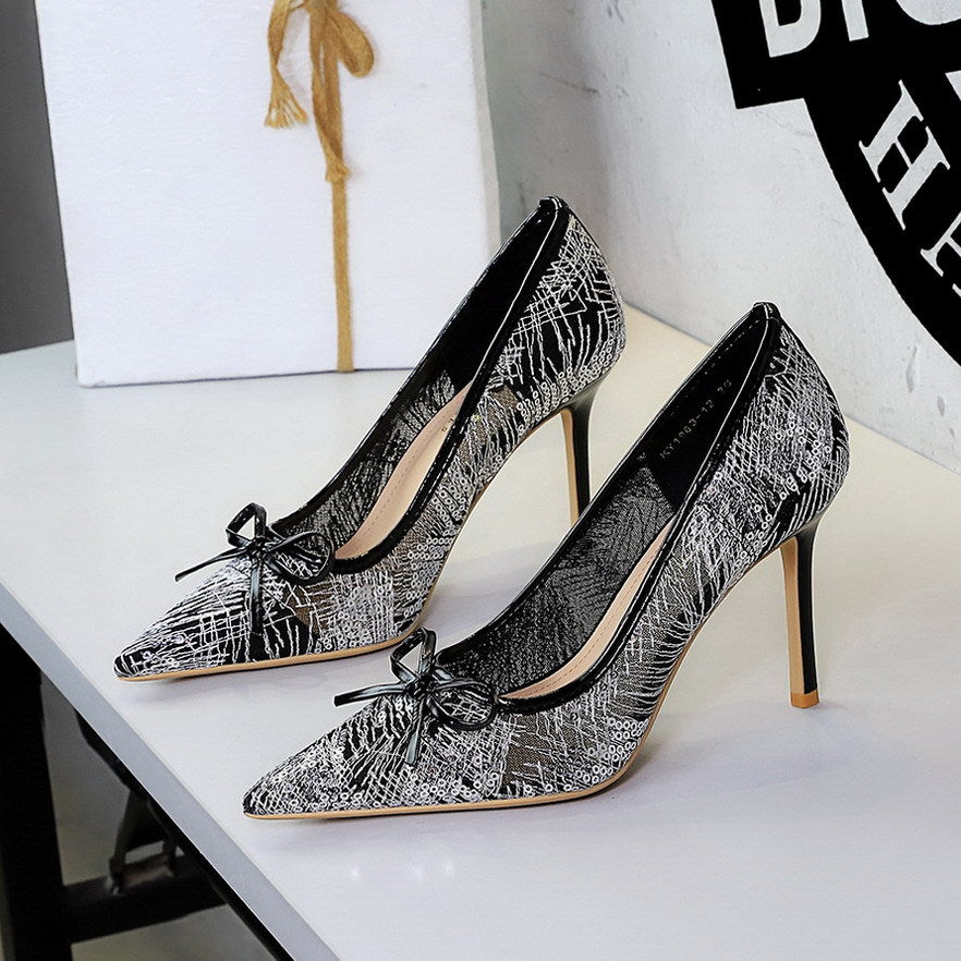 Sexy Party Lace Sequ Decorative Bowknot Slip on Super High Heel Pointed Toe