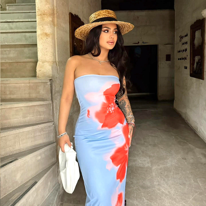 Robe longue d'été pour femme, bustier imprimé floral, coupe ajustée, taille haute et fente
