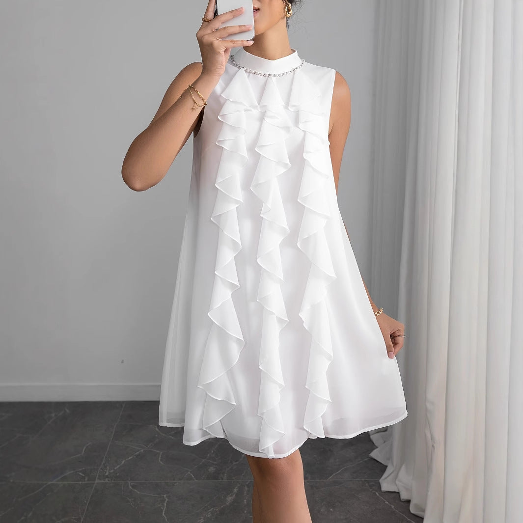 Socialite Elegant Women Dress High Grade Ruffled Rhinestone Stand Collar Sleeveless Sexy Dress