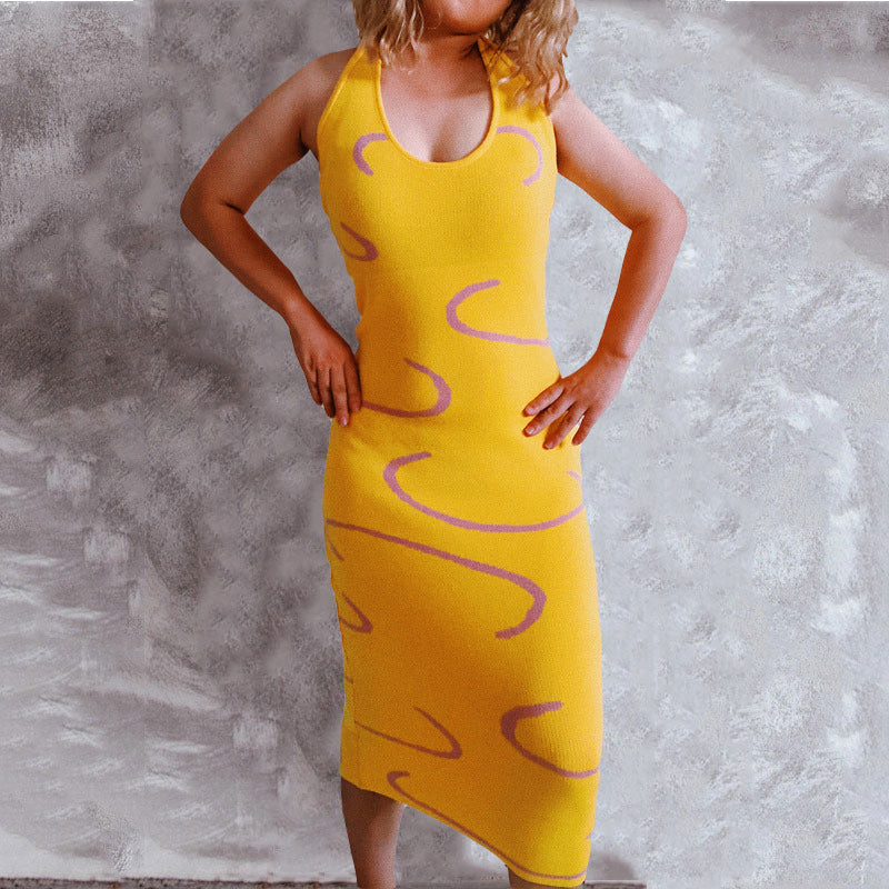 Vestido de playa de punto con diseño geométrico abstracto, ajuste ceñido, largo, sexy, con cintura ajustada y sin espalda