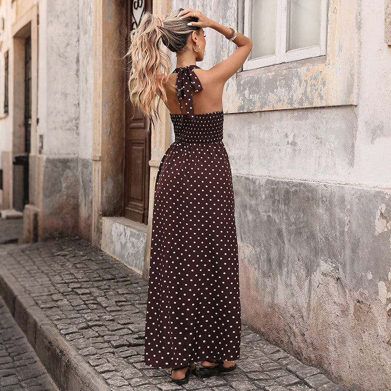 Robe longue sexy style rétro pour les vacances, avec col en V et pois