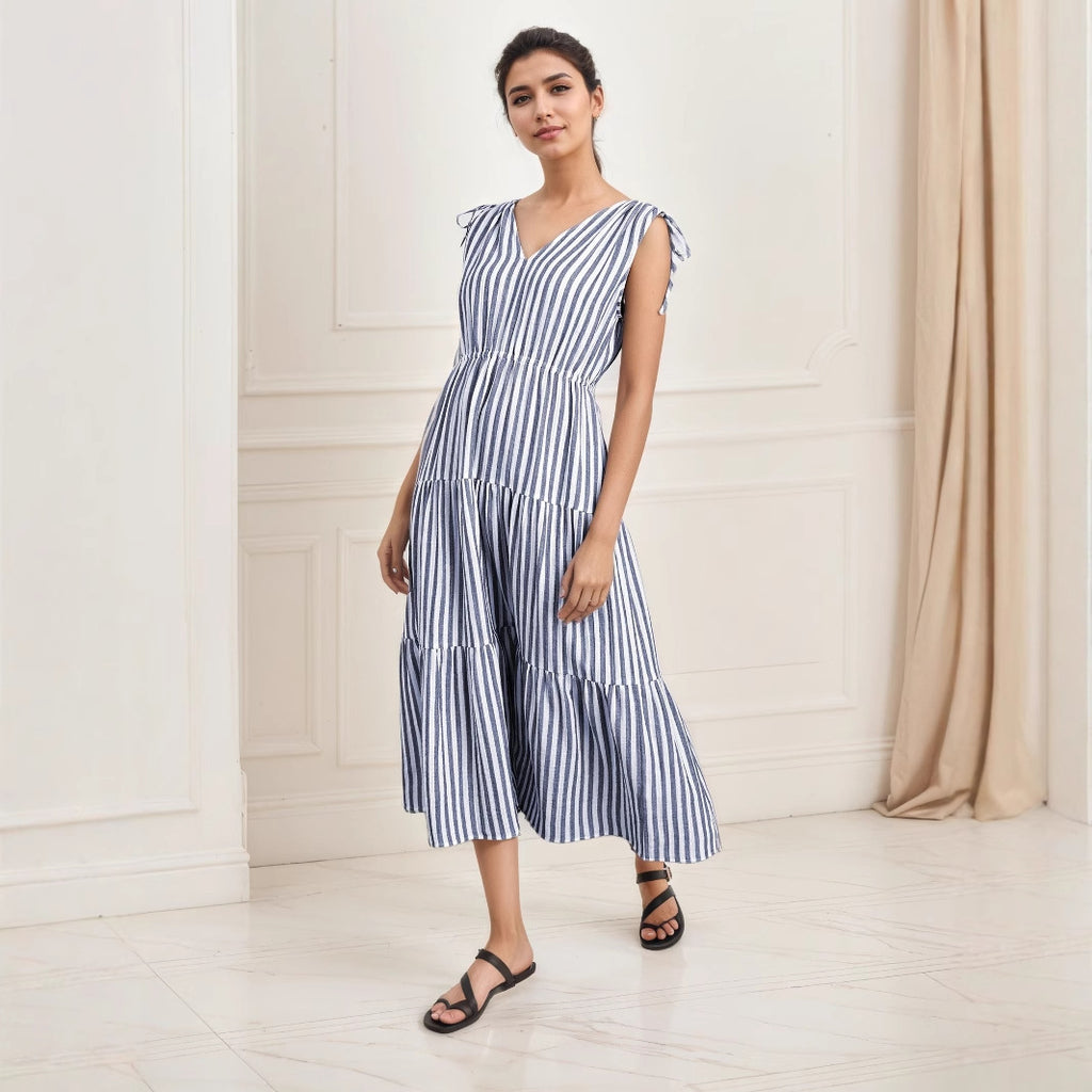 High Grade Blue White Striped Sleeveless Dress Summer off the Shoulder Waist Slimming Dress V neck Casual Dress