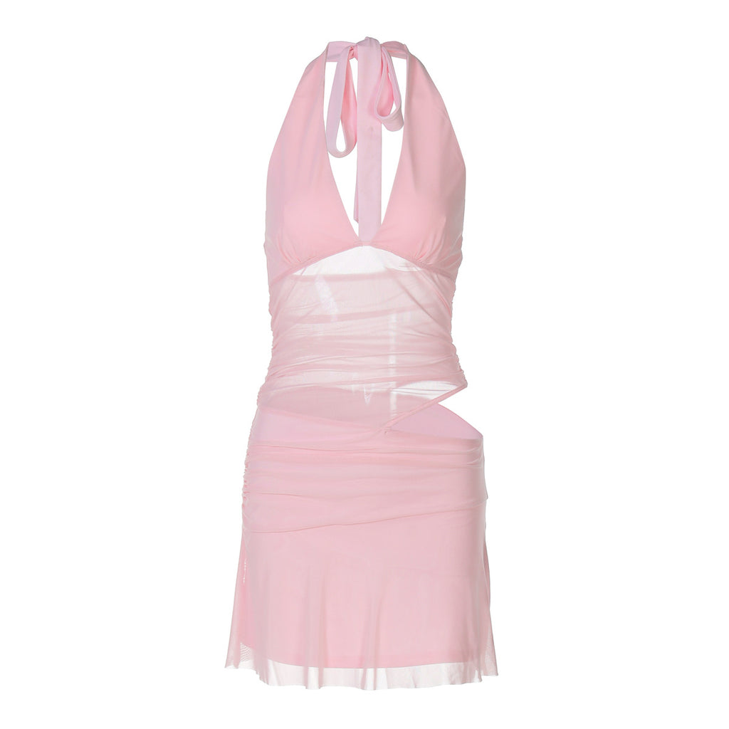 Vestido corto halter con escote en V profundo y costuras de malla calada para mujer