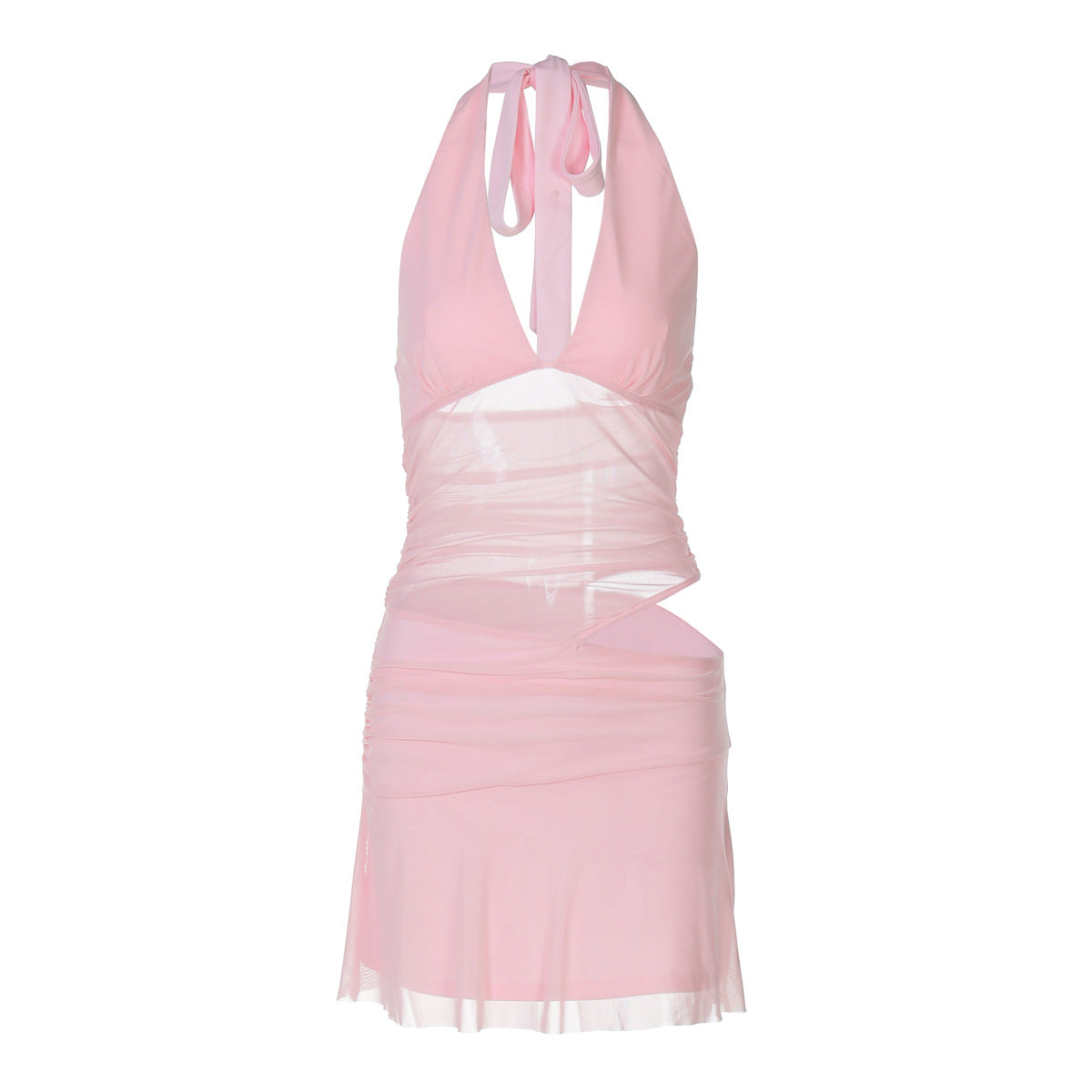 Vestido corto halter con escote en V profundo y costuras de malla calada para mujer