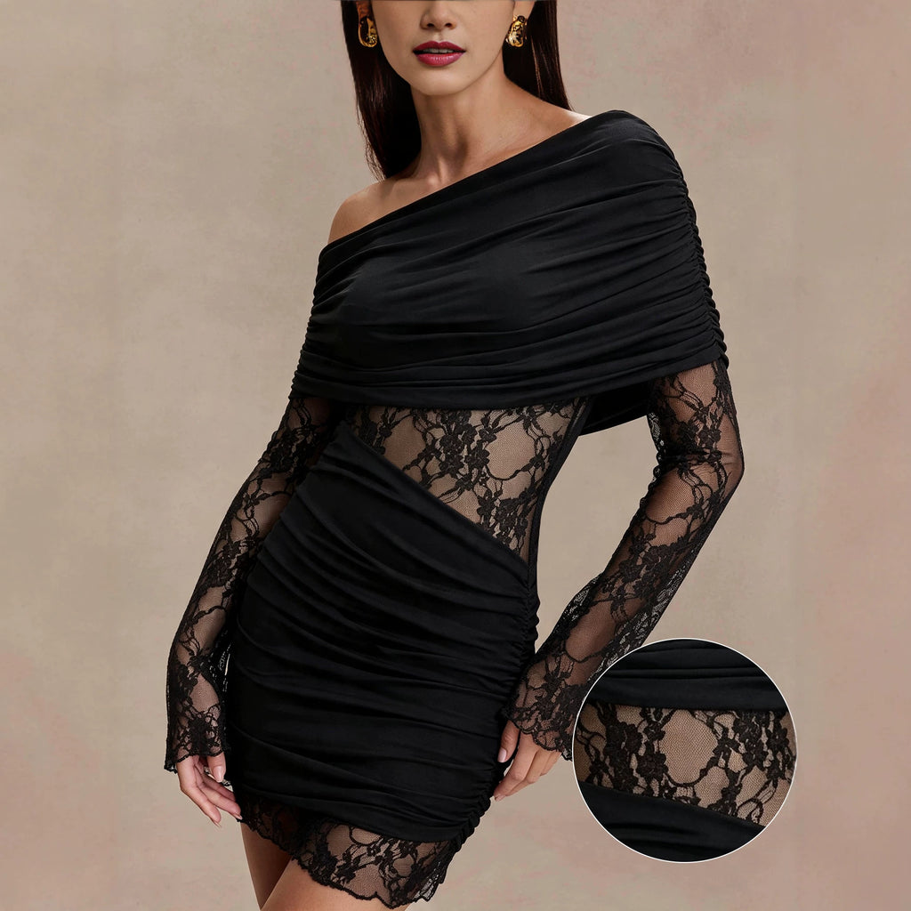 Sexy Shoulder Long Sleeve Dress Women Lace Patchwork Waist Slimming Slimming Hip Dress