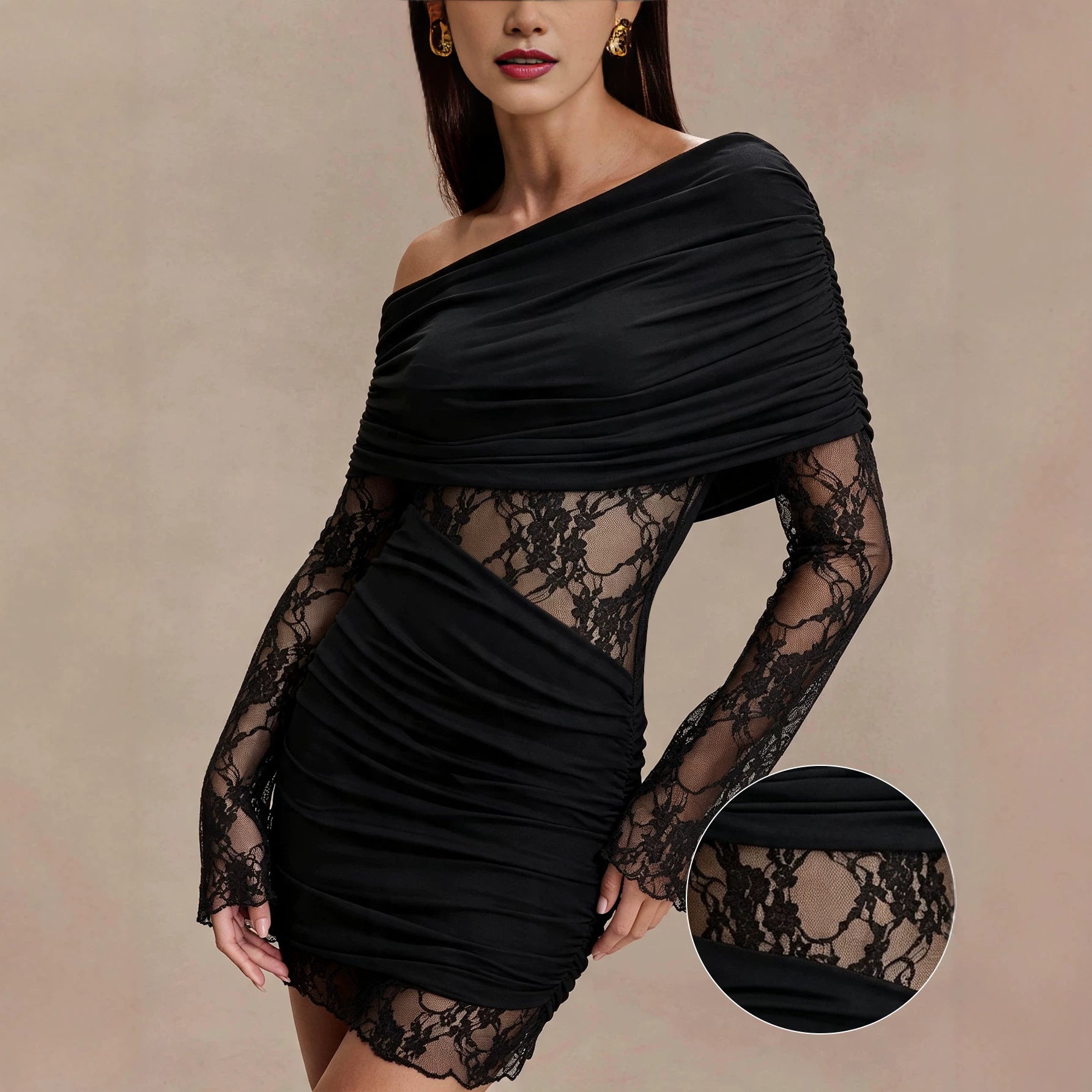 Sexy Shoulder Long Sleeve Dress Women Lace Patchwork Waist Slimming Slimming Hip Dress