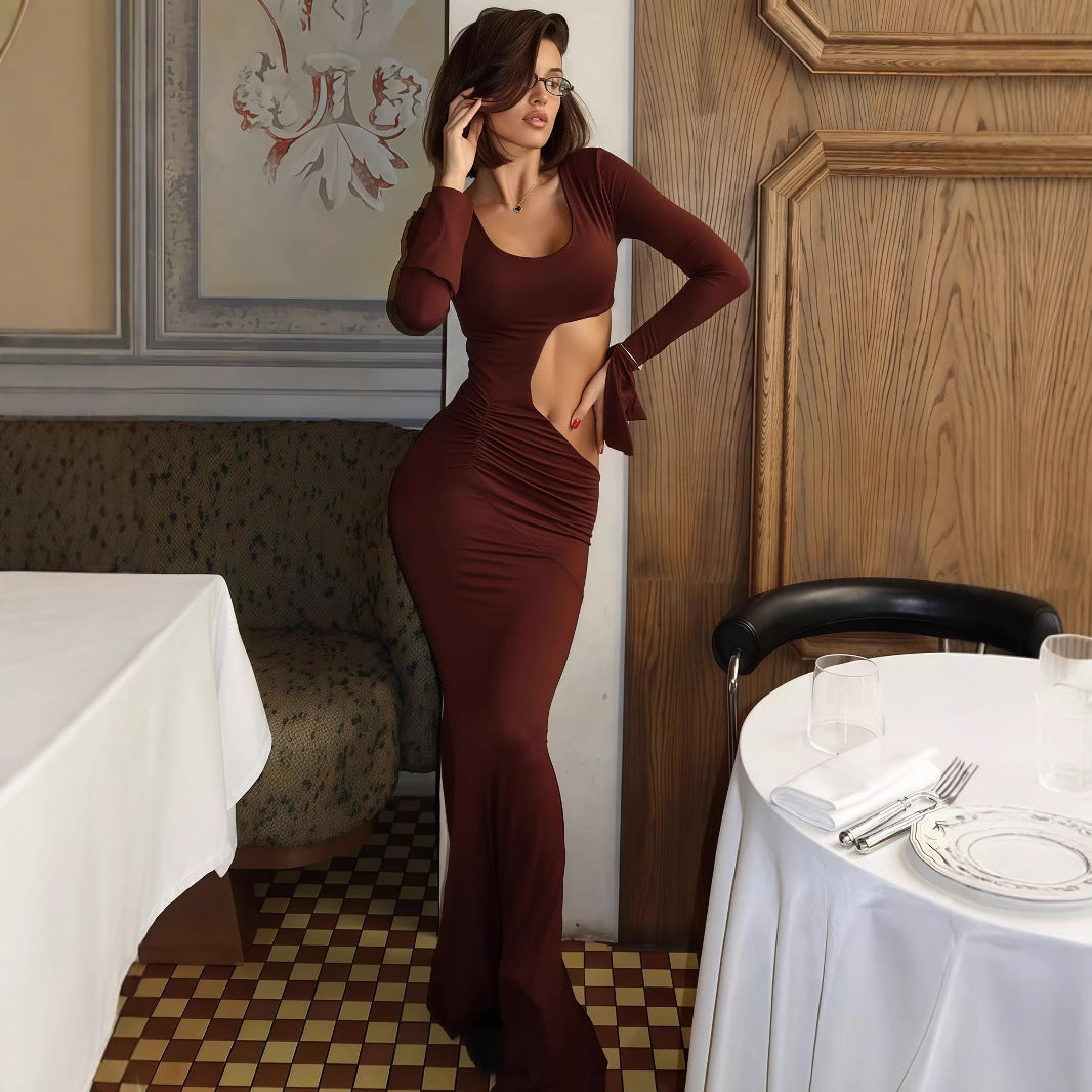Robe femme élégante, sexy et tendance, à découpes ajourées, coupe ajustée, col en U et manches longues