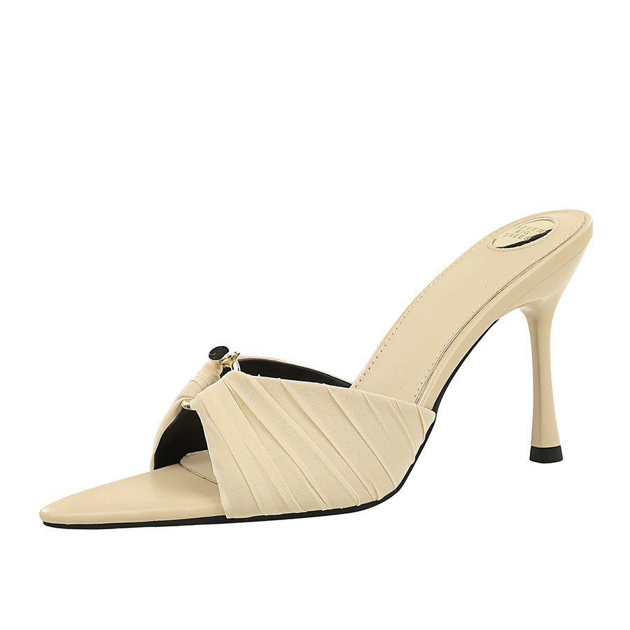 Korean Pleated Lace Stiletto Heel High Heels Pointed Toe All Matching Strap Sandals Toe Baring Sandal Women Outer Wear