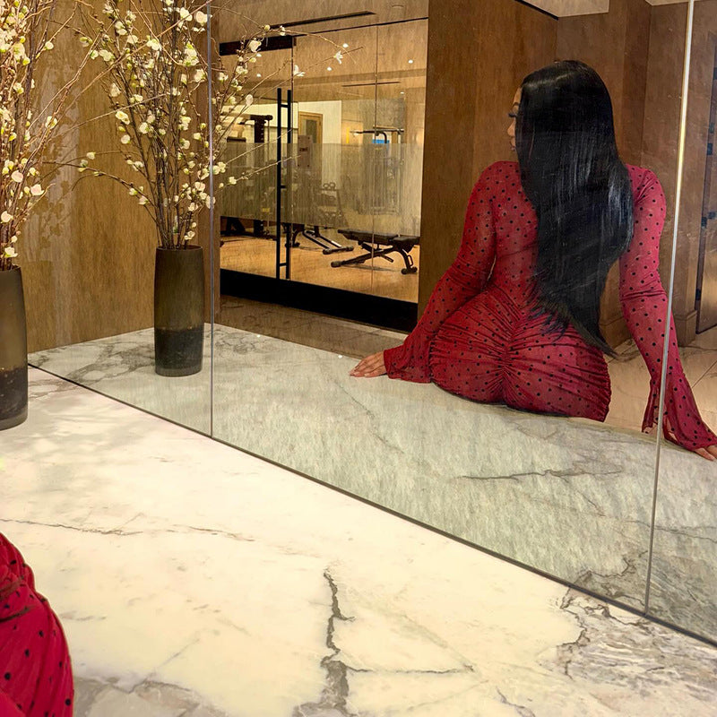 Elegant Women Clothing Pleated Print Polka Dot Slim Hip round Neck Long Sleeve Cocktail Tight Dress