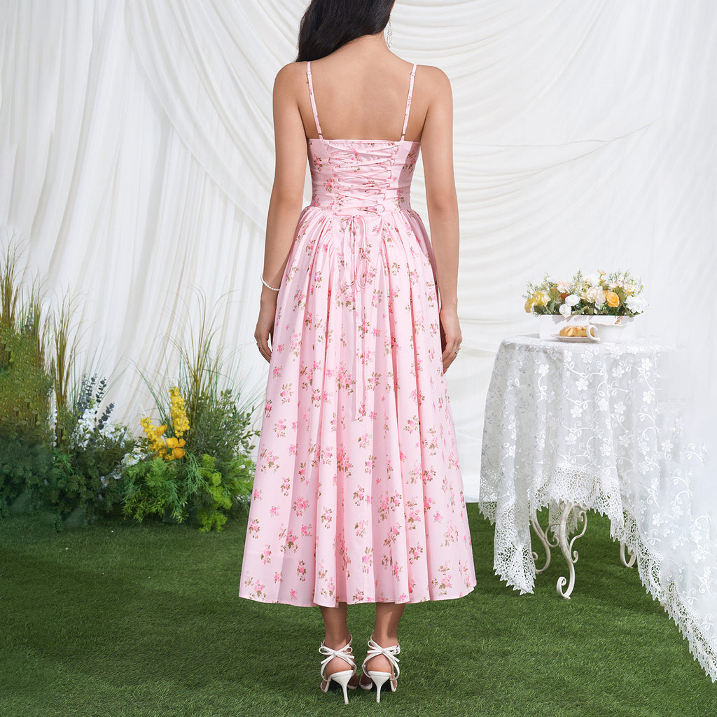Vacation Low Collar Slip Dress Sexy Backless Lace up Waist Slimming Printed Pleated Midi Dress