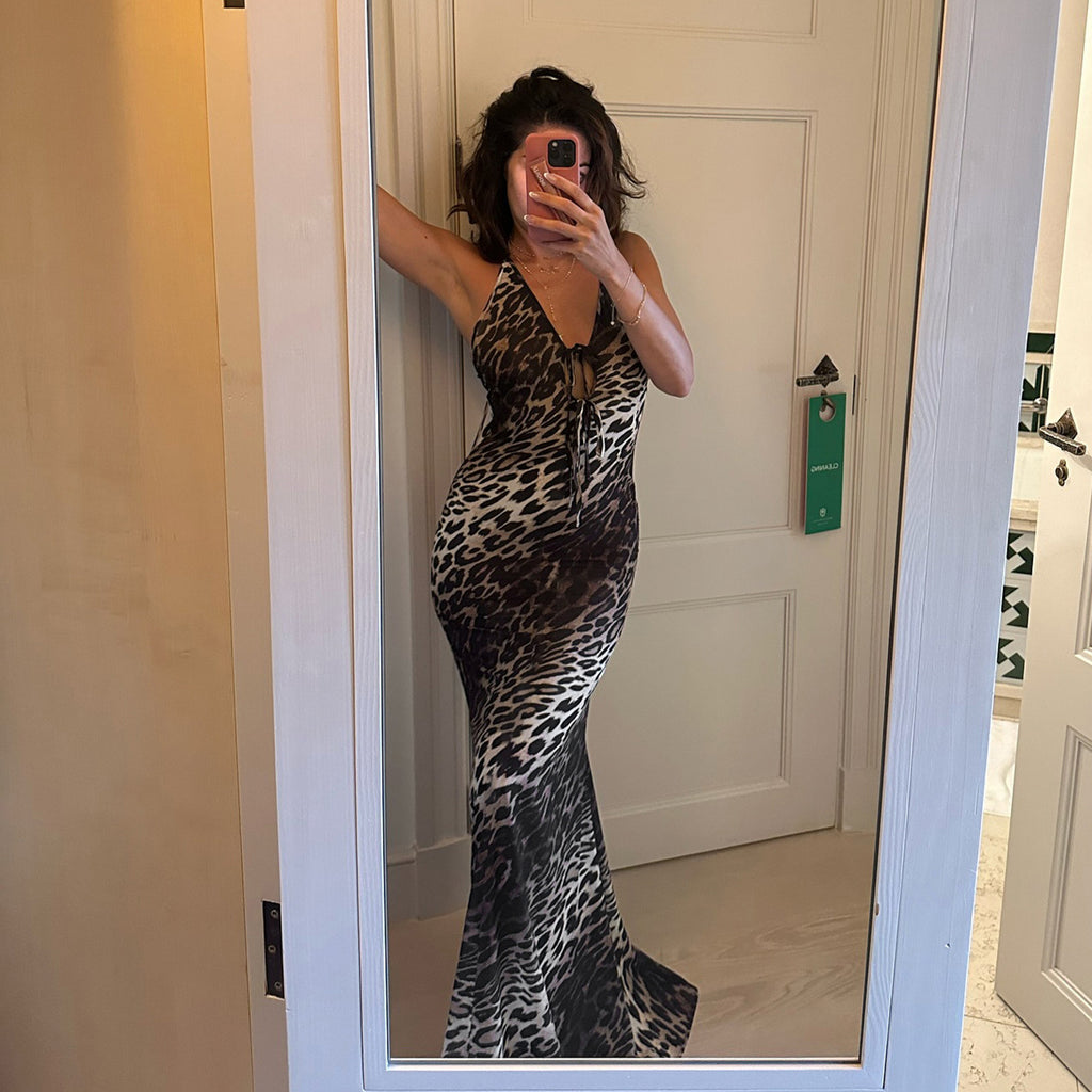 Robe de soirée sexy imprimée léopard dos nu à col halter noué en V