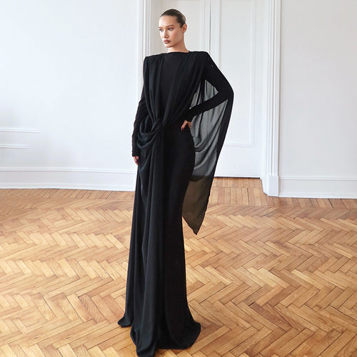 Vestido maxi de malla asimétrico irregular de corte entallado sexy para otoño e invierno, vestido de color liso para mujer