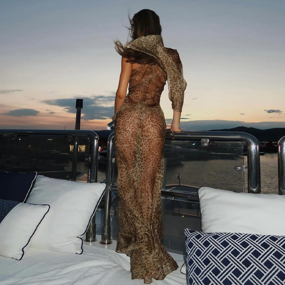 Vestido de verano con estampado de leopardo, sexy, transparente, con hombros descubiertos, manga corta, ajustado y sexy.