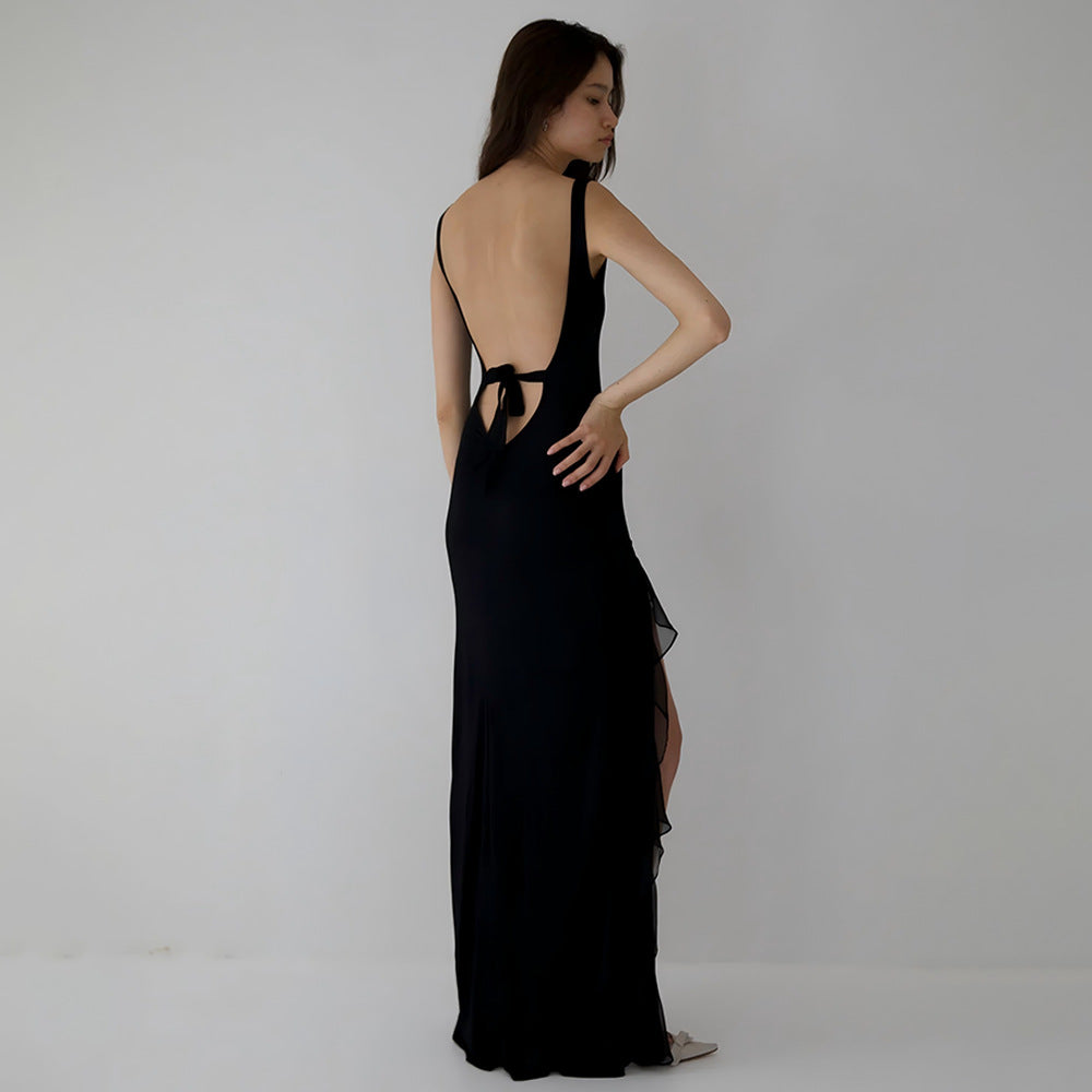 Robe d'été élégante à ruban pour femme, dos nu sexy, fente haute, volants, coupe cintrée