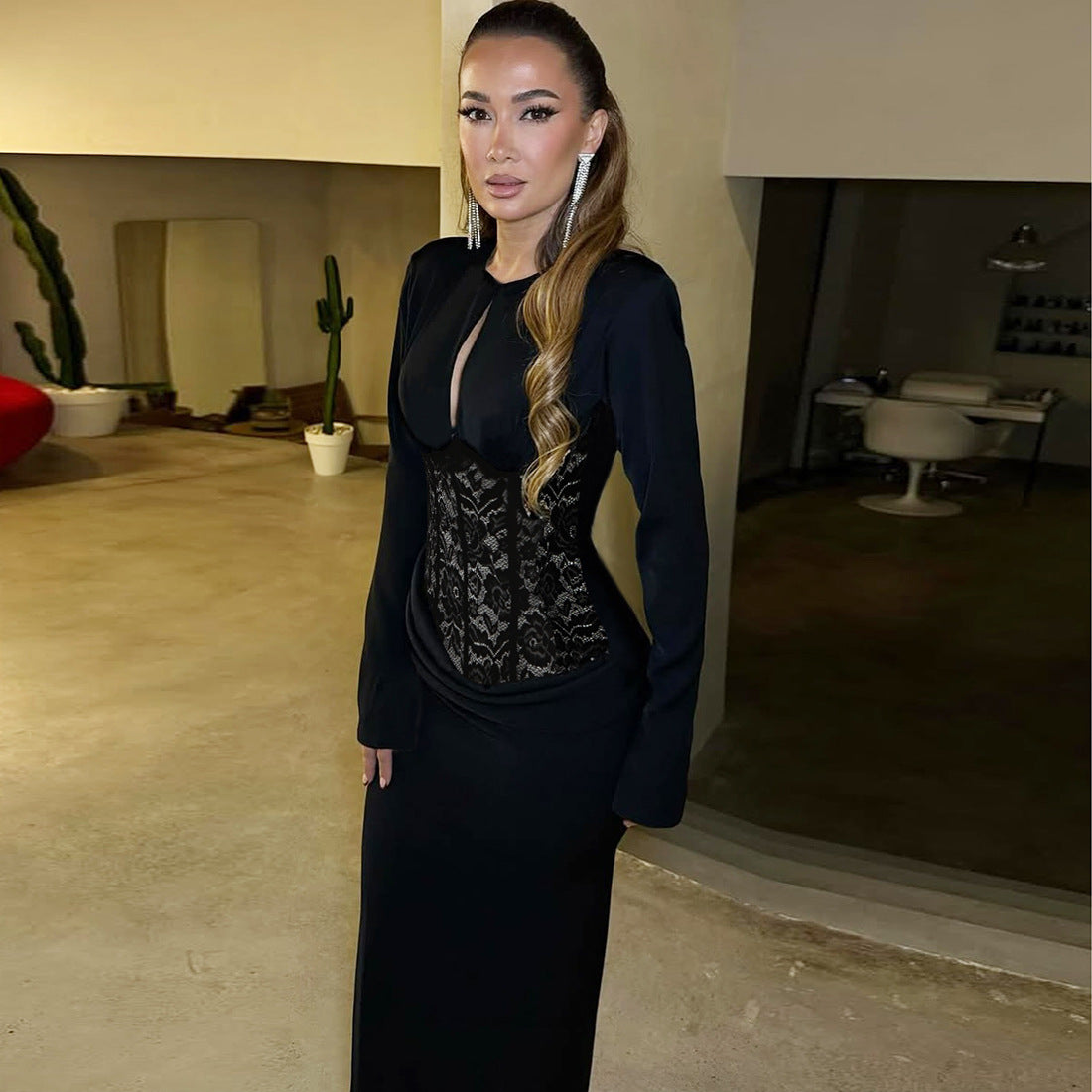Autumn Winter Women Solid Color Sexy round Neck Lace Hollow Out Cutout Slim Sheath Dress