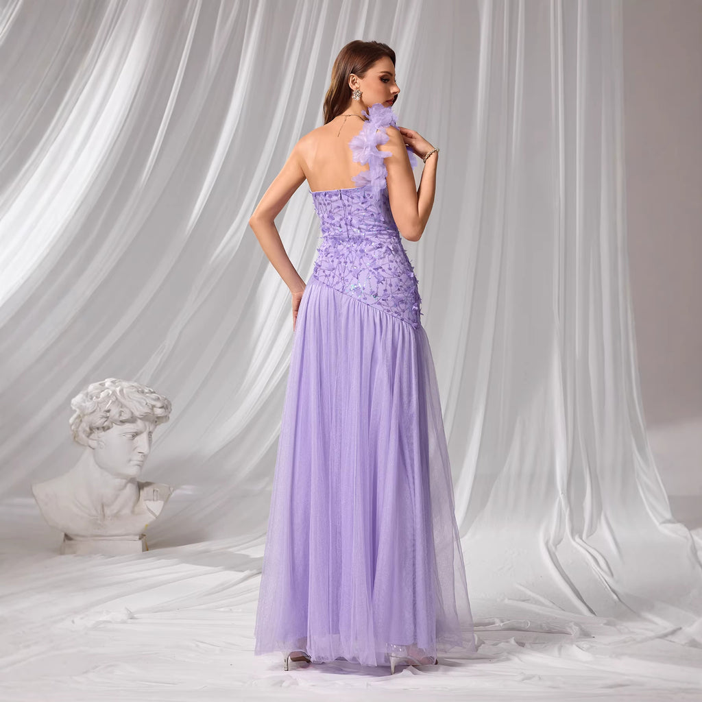 Vestido de noche para mujer, color liso, ajustado, con pétalos, tirantes en los hombros y cruzado en el pecho.