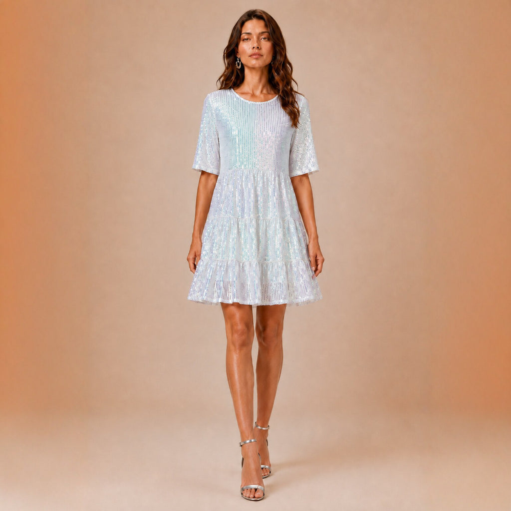 Sequined Short Sleeve A line Dress Cocktail Women Short Dress