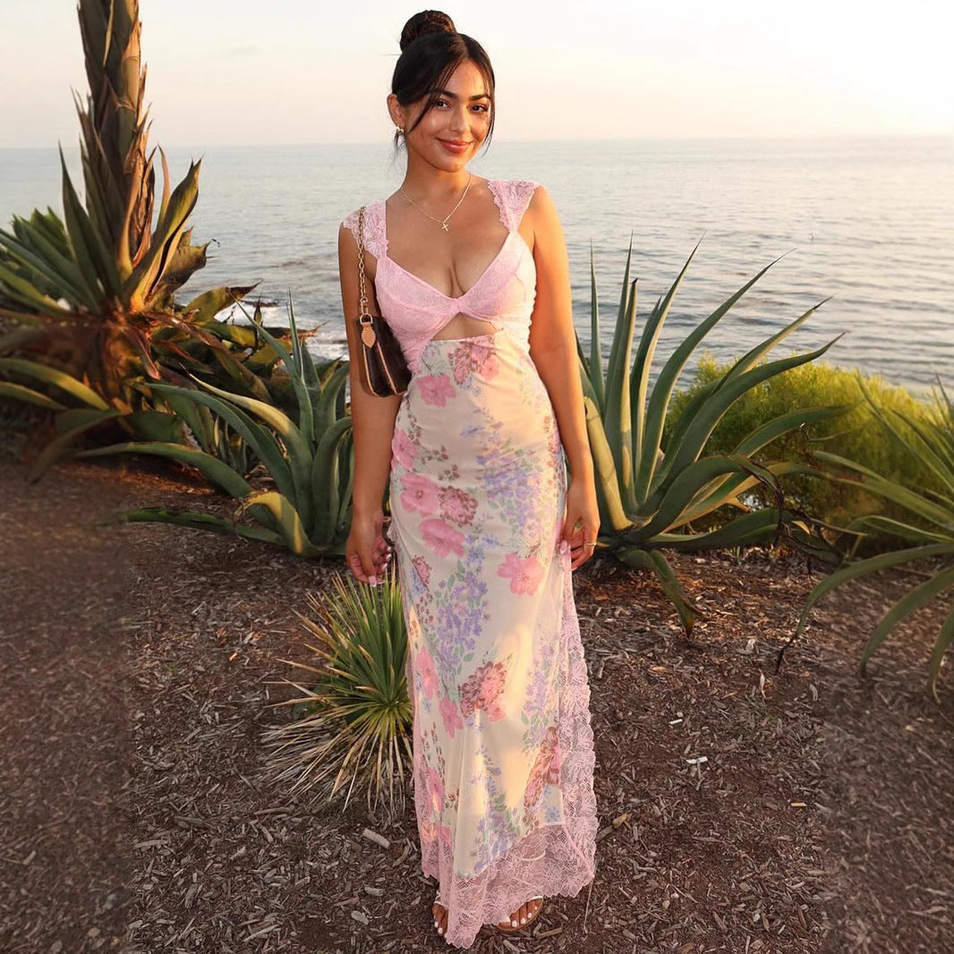 Vestido playero sexy con encaje y costuras estampadas, asimétrico e irregular, con abertura y tirantes.
