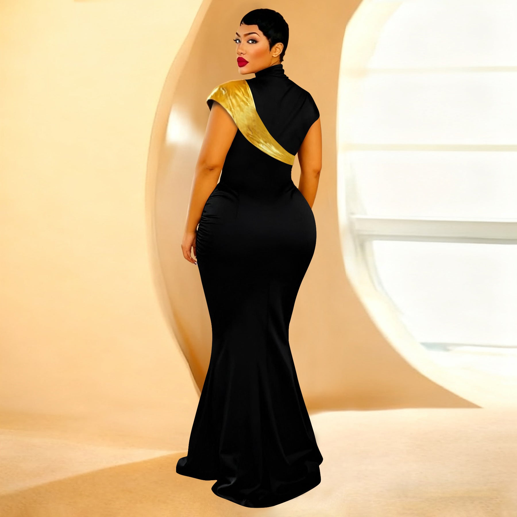 Robe sexy moulante à contraste de couleurs bronzé pour femme