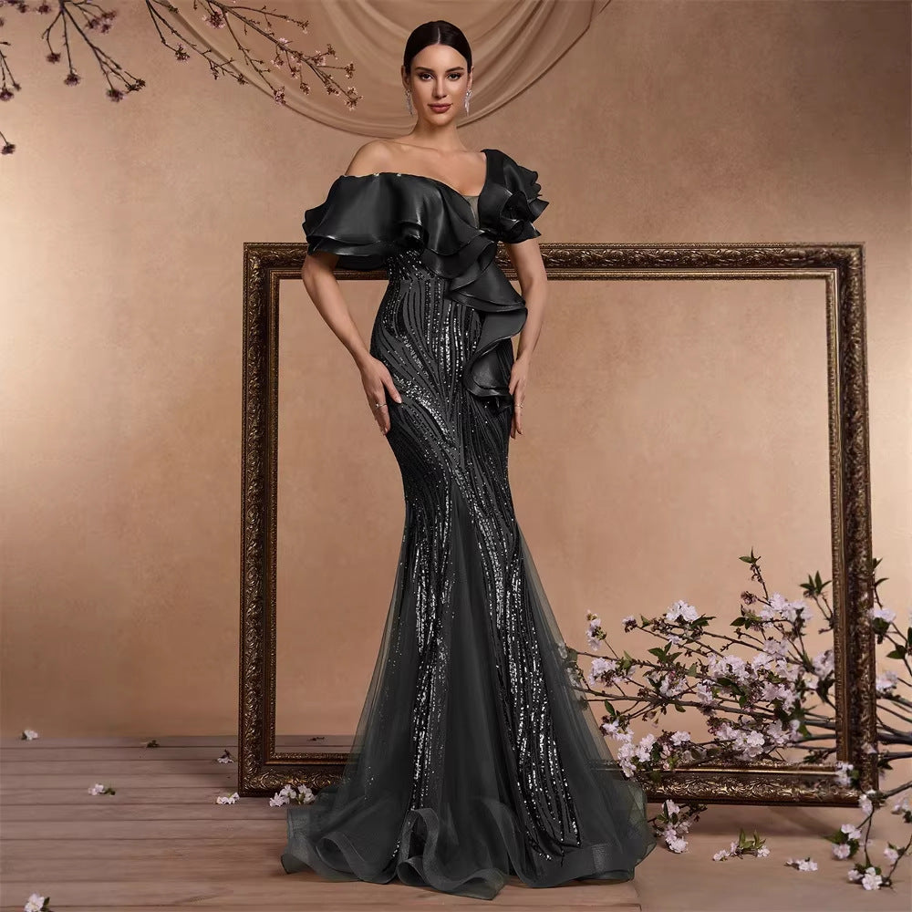 Elegante vestido de cóctel con lentejuelas y mangas con volantes, elegante vestido de cena con espalda descubierta y cola de pez de lujo para graduación y noche.