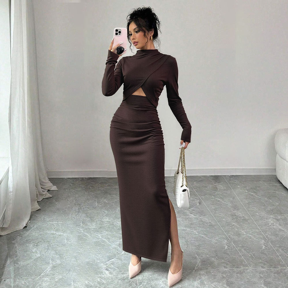 Robe courte moulante fendue sexy automne-hiver à manches longues et manches mi-longues