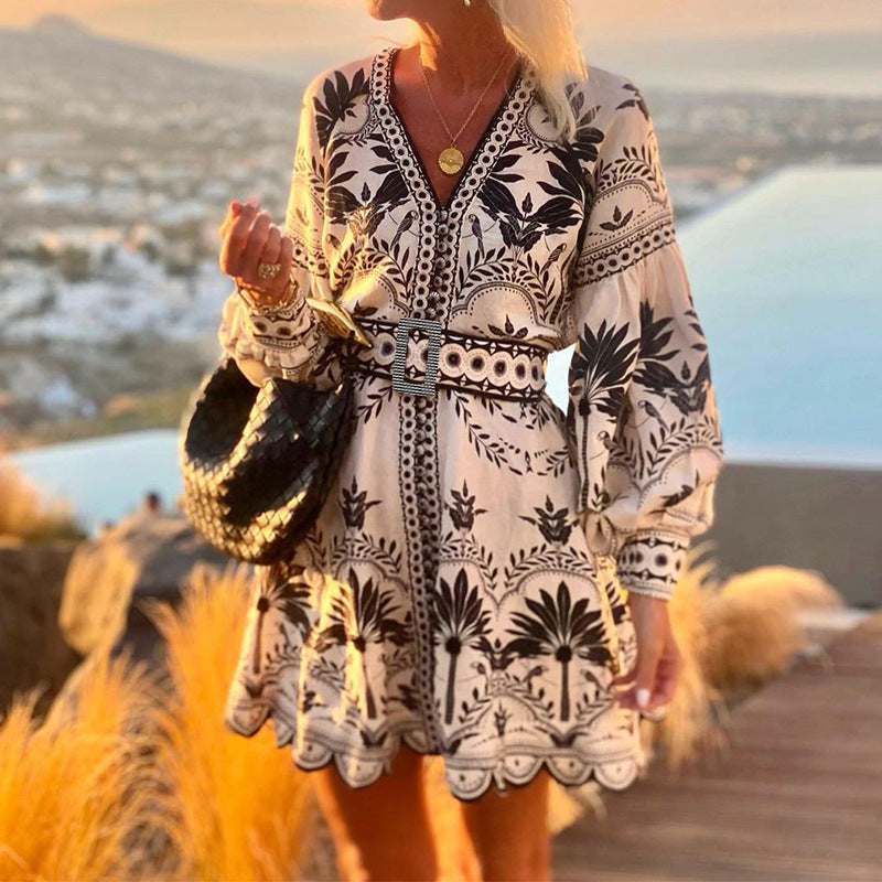 Women Clothing Autumn Ladies Printed Beach Loose Short Dress