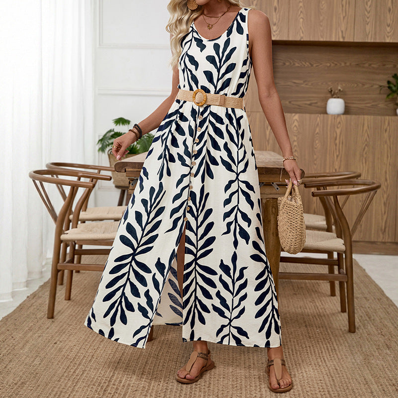Vacation Maxi Dress with Belt Sleeveless Leaf Printed Dress