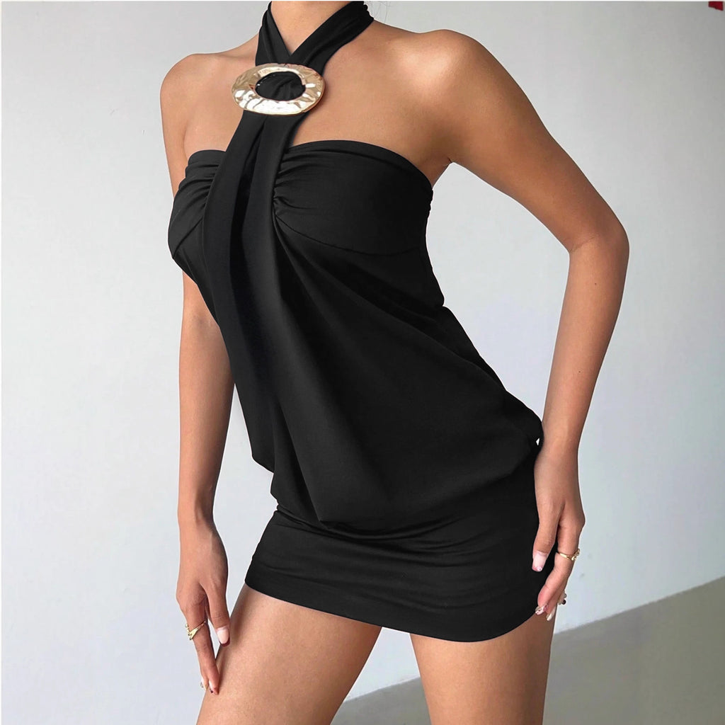 Women Clothing Halter Backless Strapless Sexy Simple Ruffle Hip Short Elegant Dress