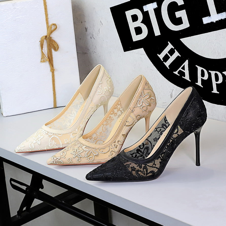 Hollow Out Cutout Super High Heel Women Shoes Pointed Toe Shallow Mouth Cocktail High Heels Floral Stiletto Heel Lace Shoes Women
