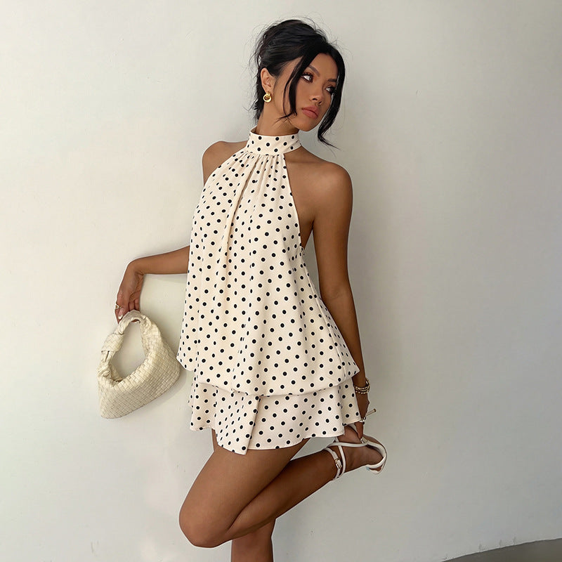 Vestido Corto de Verano Estilo Retro para Vacaciones, con Lunares y Espalda Descubierta Estilo Halter