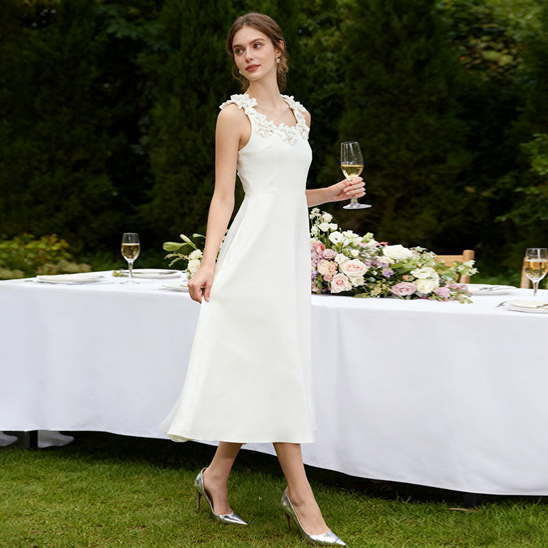 Fall Elegant Elegant Sweet Heavy Industry Three Dimensional Floral Long Patchwork Strap Dress for Women