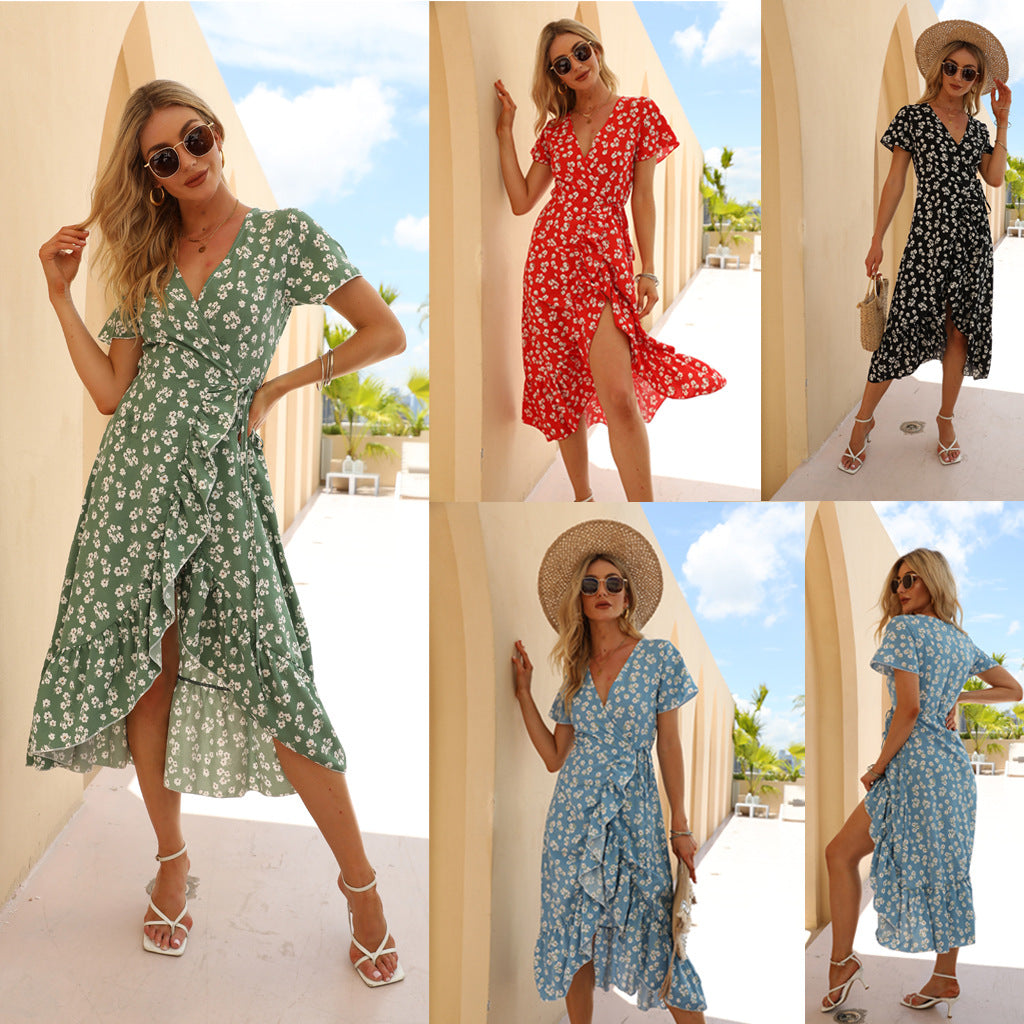 Summer Sexy Chiffon Printed V-neck Dress Ruffled Beach Dress