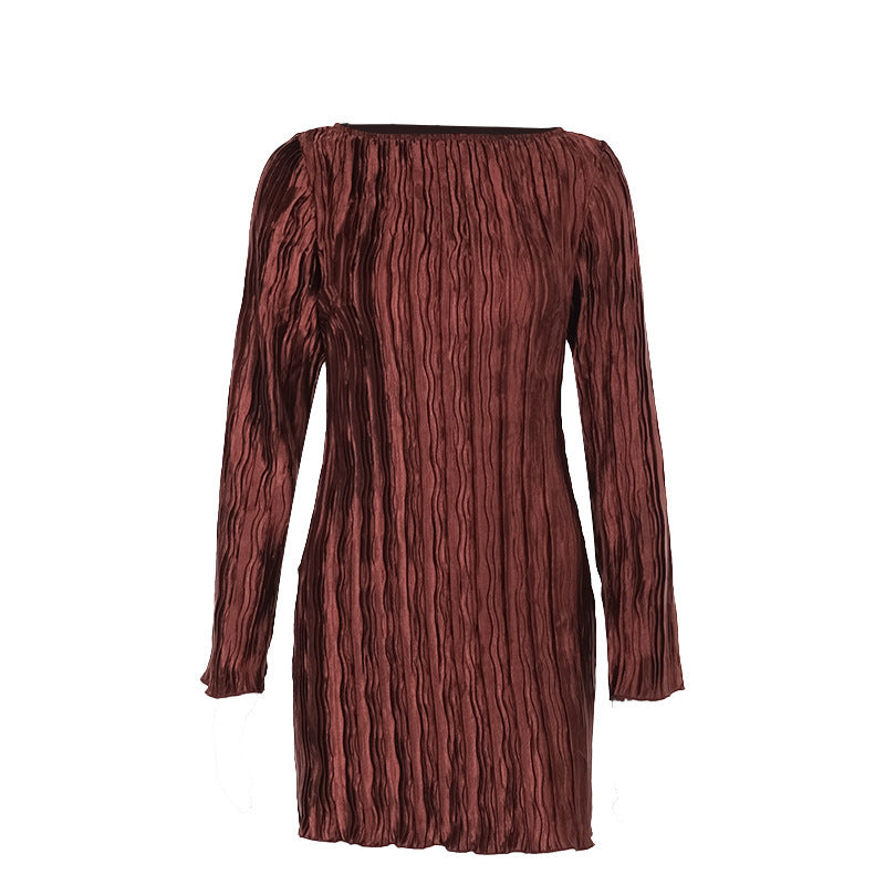 Vestido elegante de otoño con textura entallada y manga larga de tejido plisado para mujer
