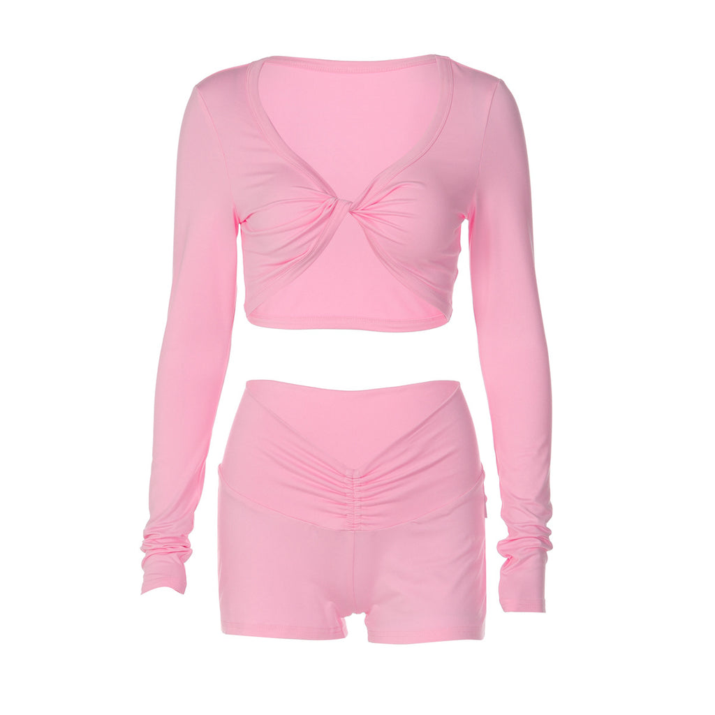 Winter Solid Color Twisted Long Sleeved Top Tight Shorts Sports Casual Set for Women