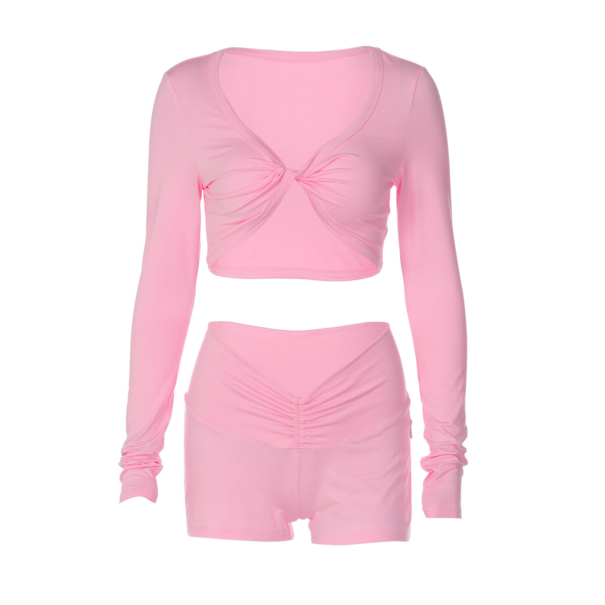 Winter Solid Color Twisted Long Sleeved Top Tight Shorts Sports Casual Set for Women