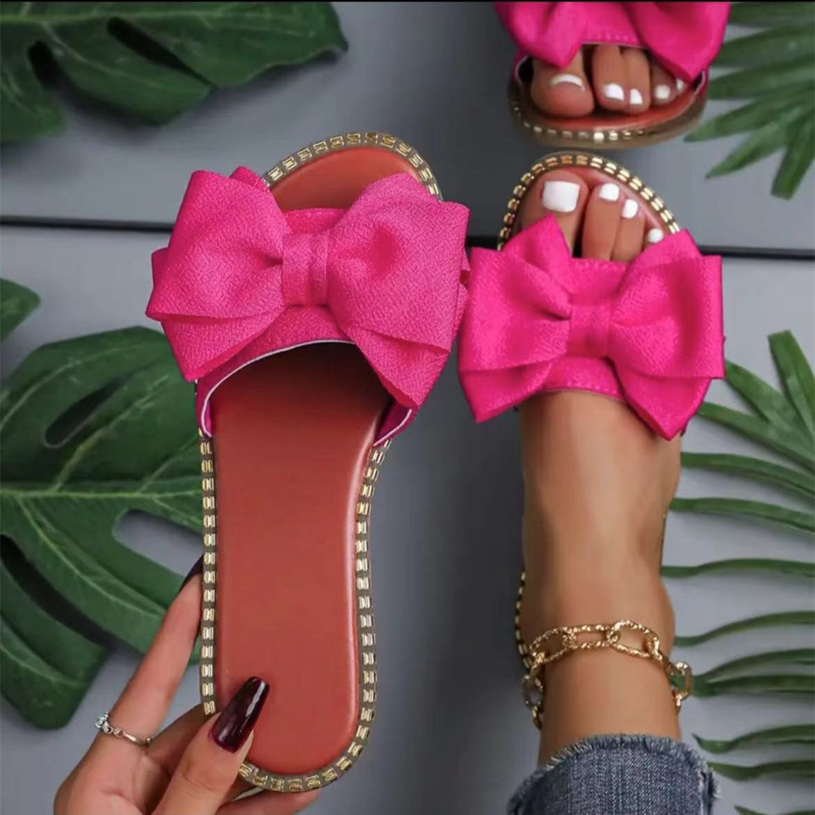 Arrival Flat Bottom Rhinestone Bowknot Slippers Women Outer Wear Solid Color Lightweight Cloth Sandals