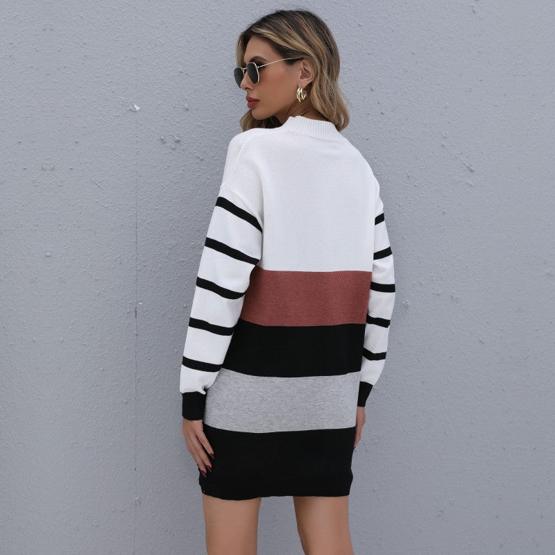 Vêtements Féminins Automne Hiver Couleur Assortie Tendance Longue Robe Pull en Maille de Base
