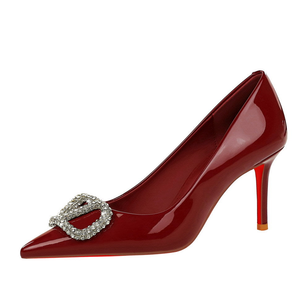 Sexy Red Background Patent Leather Rhinestone V Buckle Decorative Pointed Low Cut Slip on Stiletto Heel