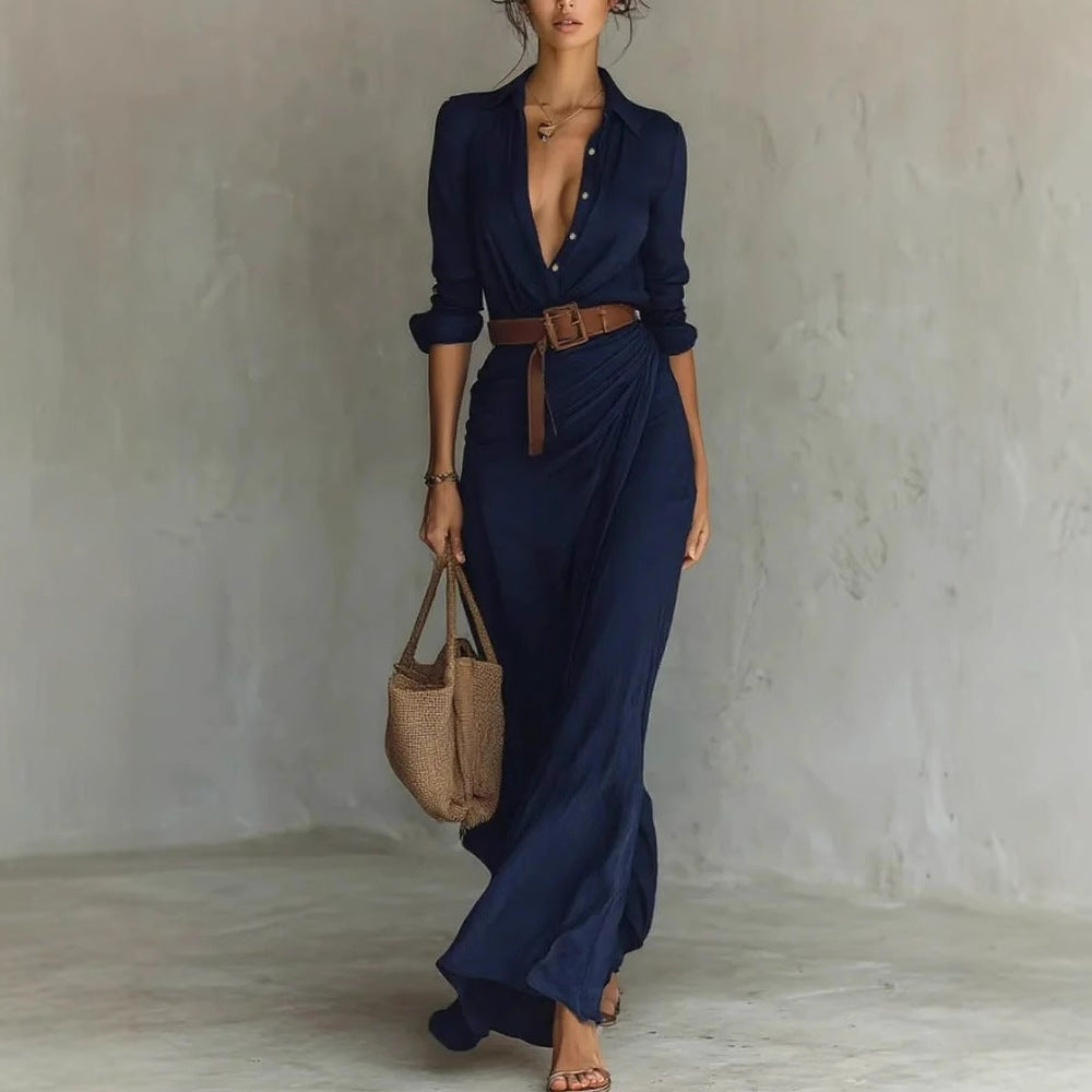 Robe asymétrique plissée élégante et gracieuse de couleur unie avec ceinture pour femme - Collection automne