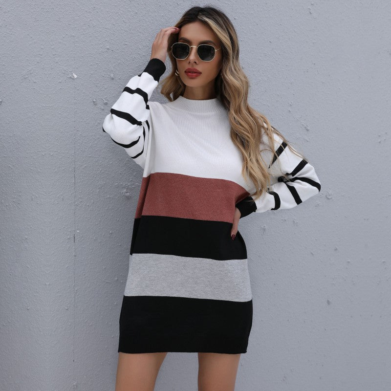 Vêtements Féminins Automne Hiver Couleur Assortie Tendance Longue Robe Pull en Maille de Base