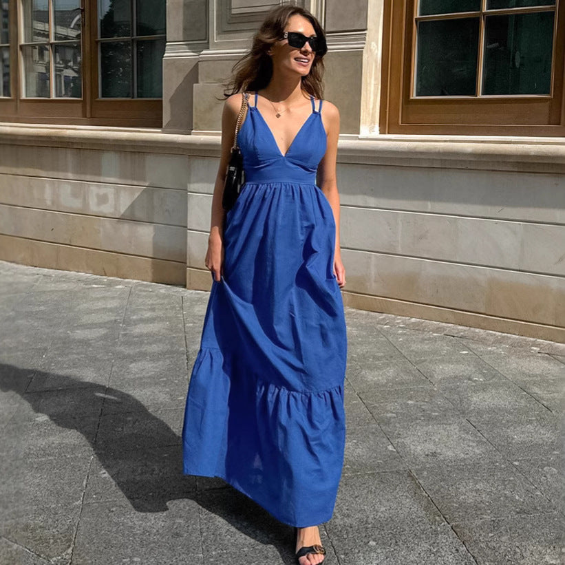 French Vacation Blue Cotton Linen V neck Strap Backless Dress Spring Summer Dress