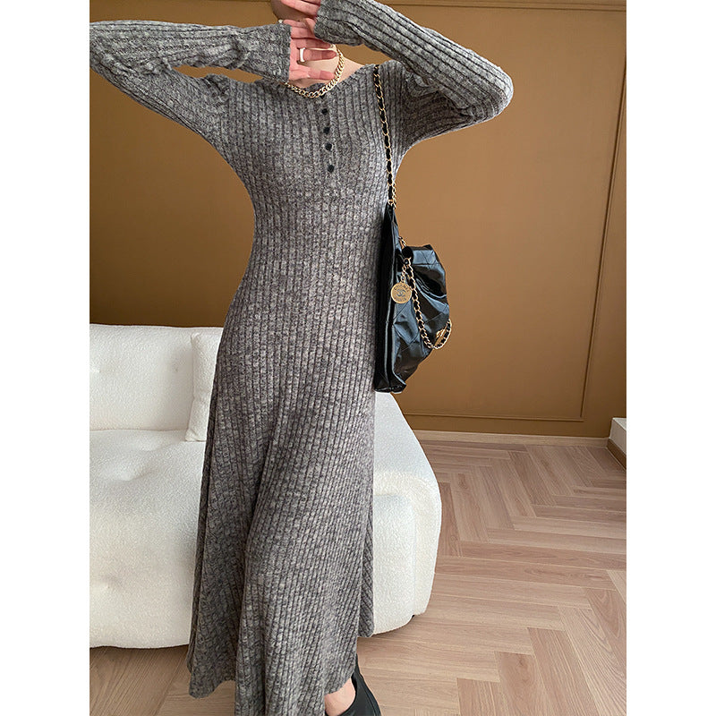 French Sunken Stripe Padded Shoulder Slimming Knitted Dress Early Spring