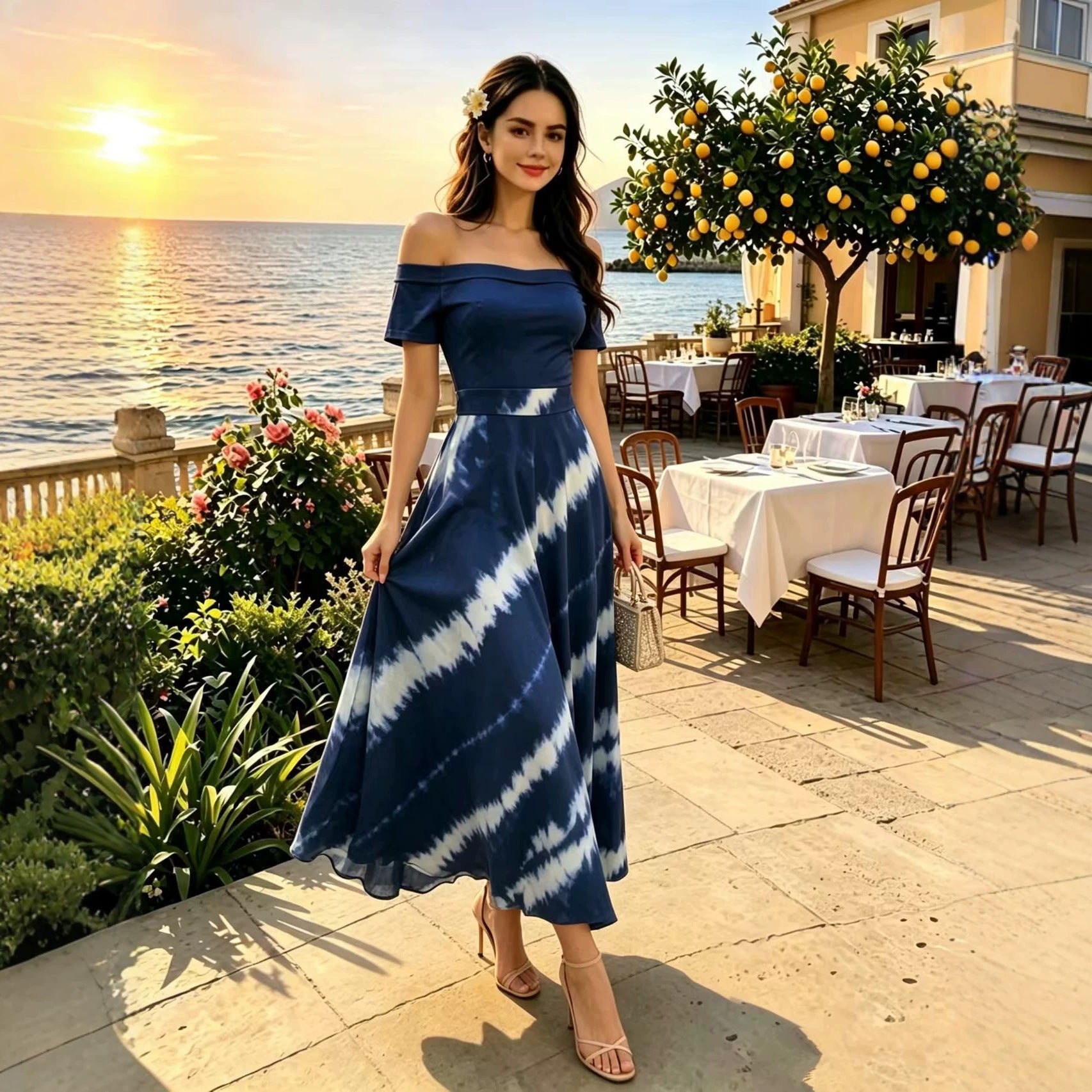 Printed Spring Summer off Shoulder Elegant Short Sleeve Slim Women Dress